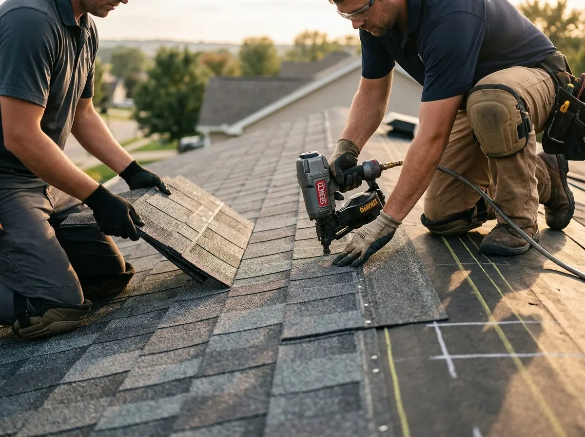 Professional roofer working on a residential roof in Titusville